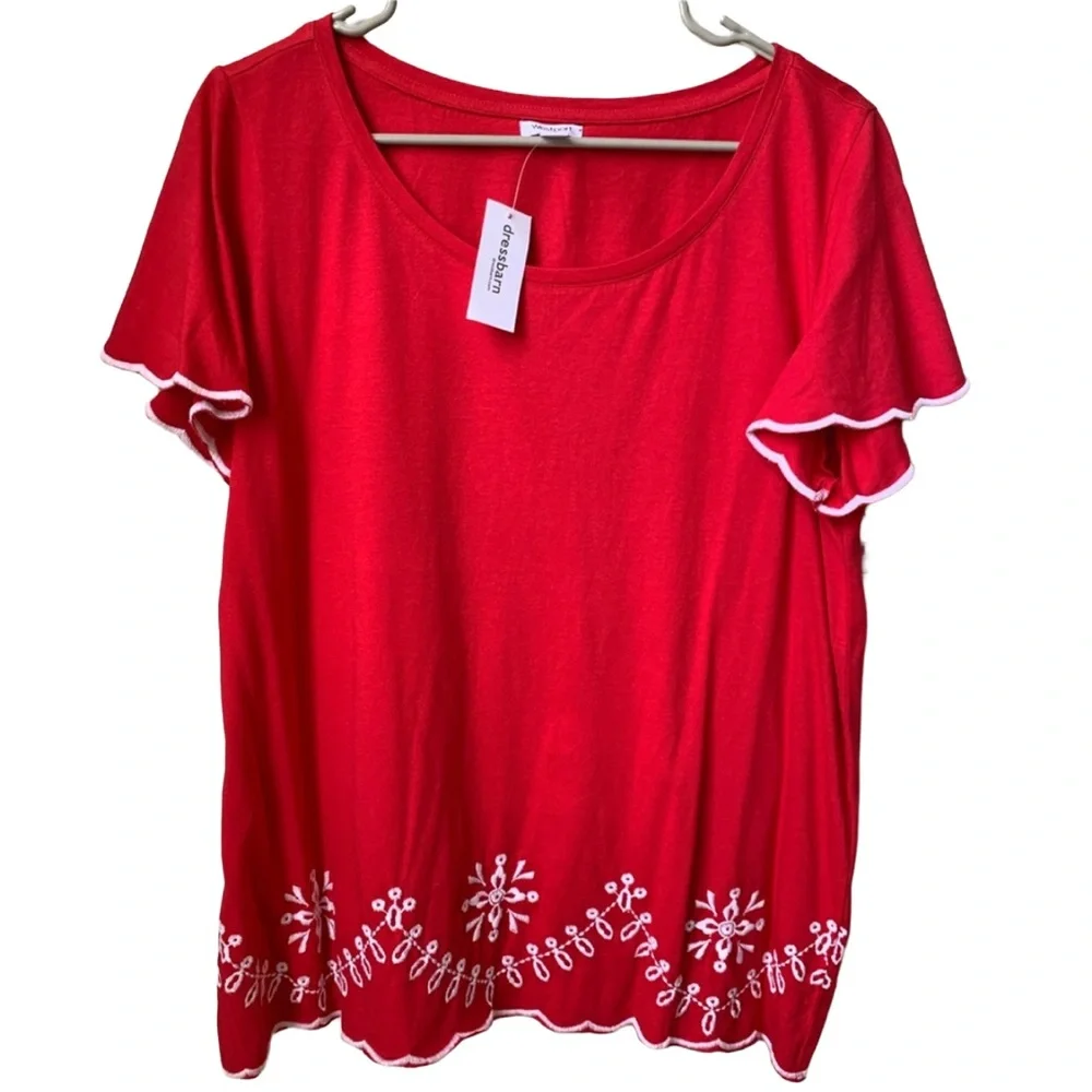 WESTPORT Women’s Red w/ White Embroidered Bottom Cap Sleeve Blouse